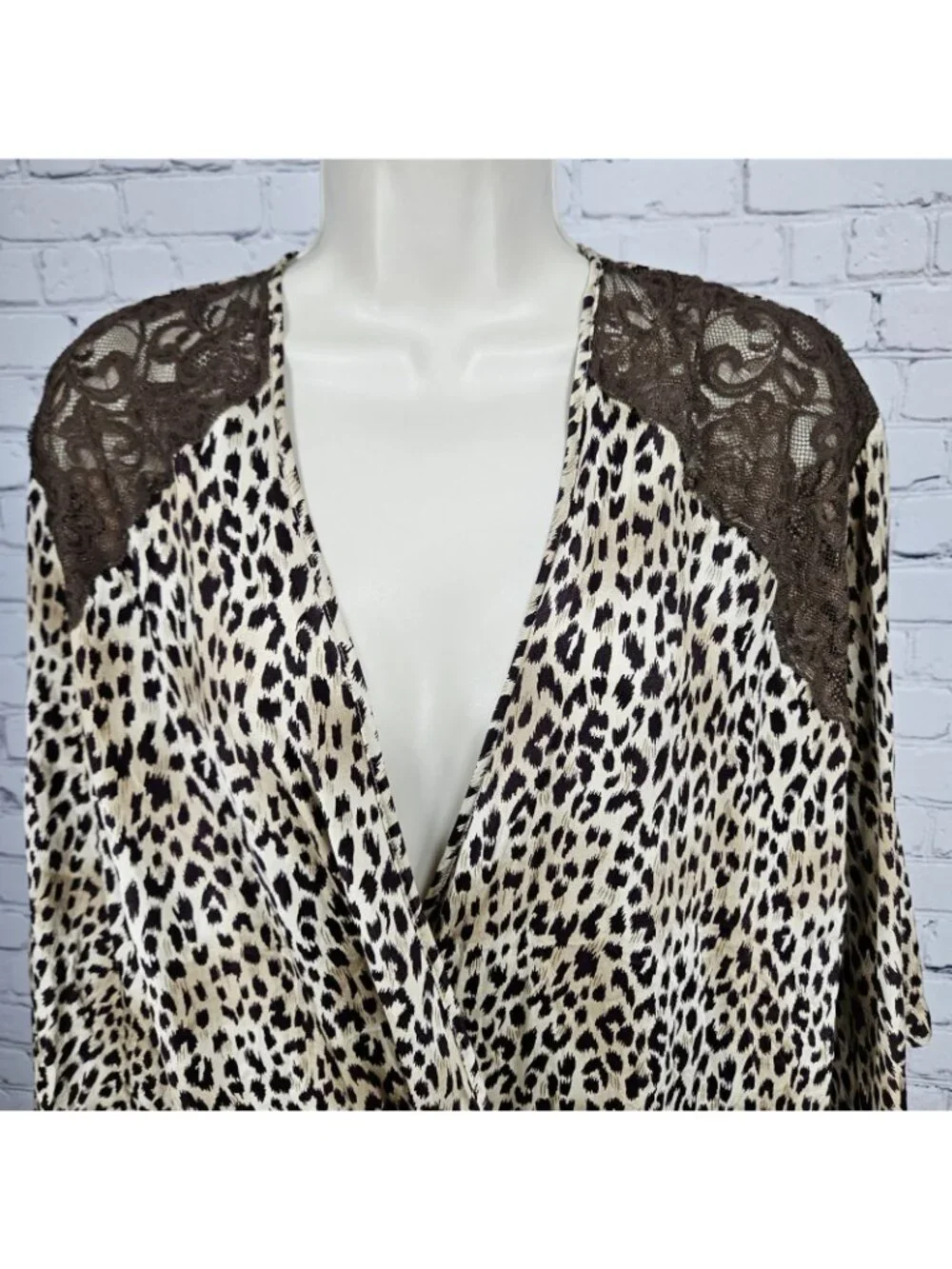 Marilyn Monroe Warners Brown Silk Leopard Lace 3/4 Sleeve Pockets Short Robe P/S